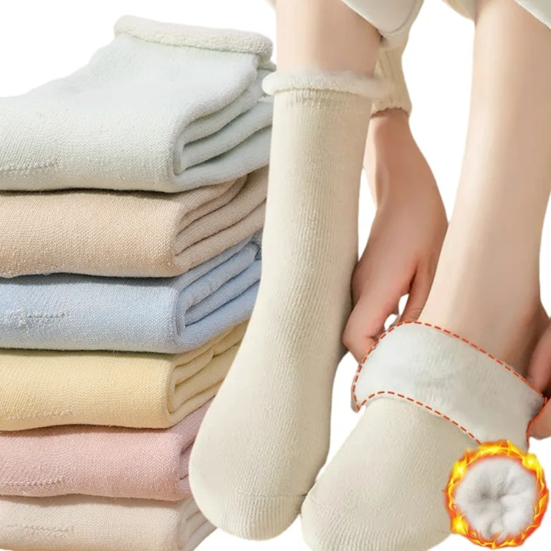 

Флисовые плюшевые обжимные носки, женские зимние теплые пушистые домашние носки для сна, однотонные карамельных цветов, чулки средней длины, женские утепленные носки