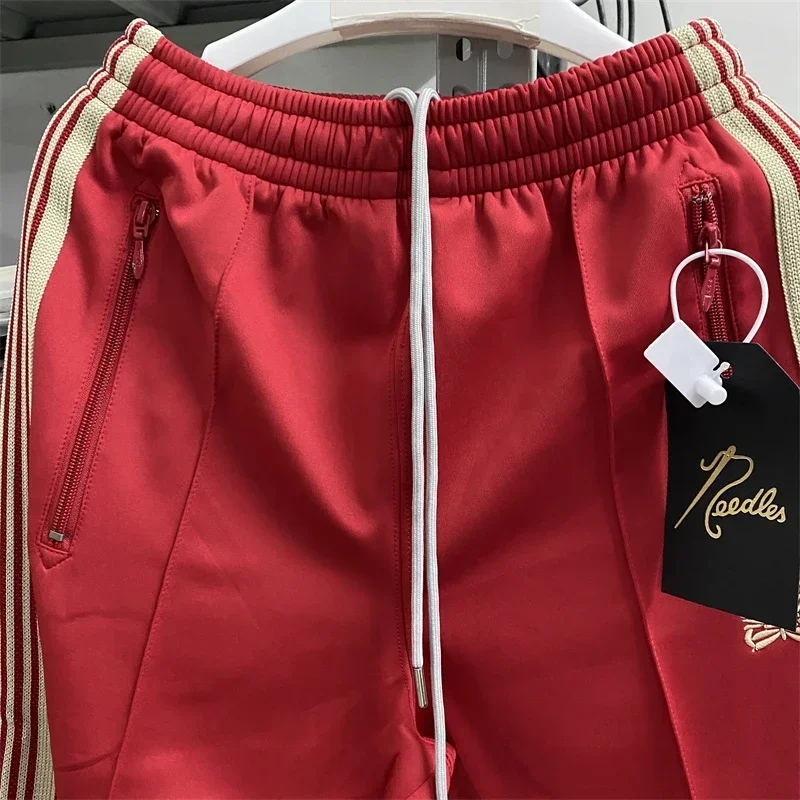 

New Narrow Needles Sweatpants Poly Smooth Red Track Pants Knitted Stripe Butterfly Trousers Hip Hop