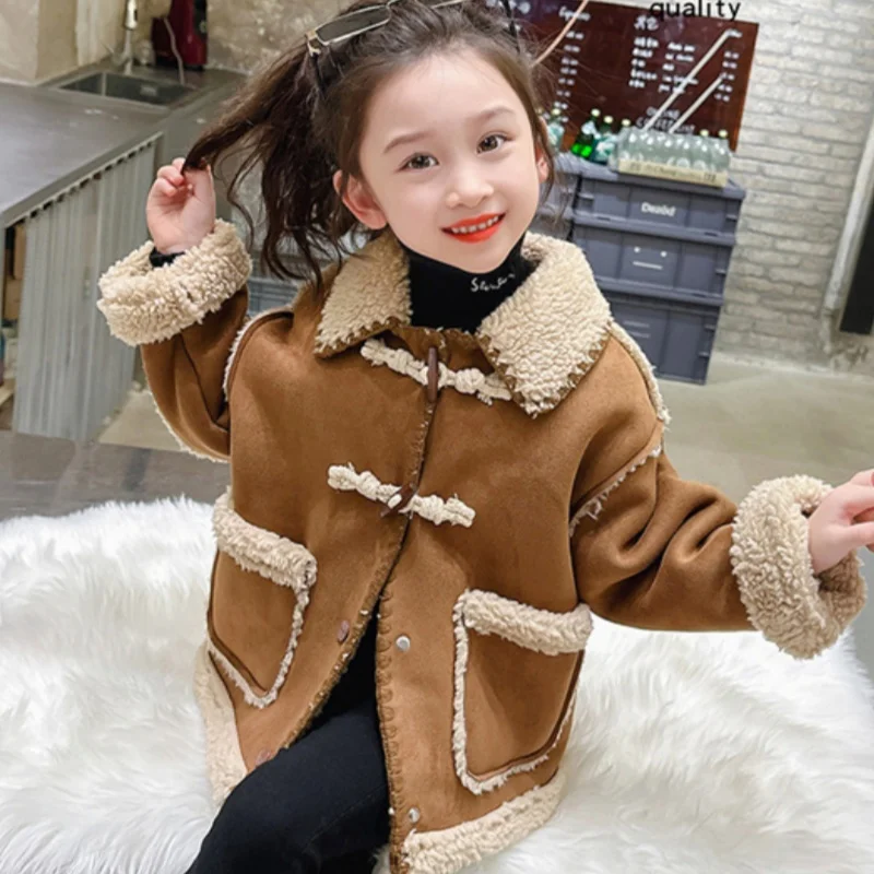 

Girls Coat Jacket Winter Cotton Windbreak 2023 Khaki Warm Plus Thicken Furs Overcoat Teenagers Formal Children's Clothing