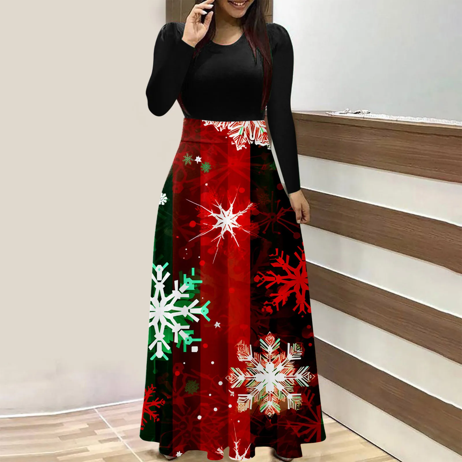 

Autumn Winter Christmas Party Dresses For Women 2023 Casual Round Neck Long Sleeve Robe Christmas Printed Maxi Dress платье