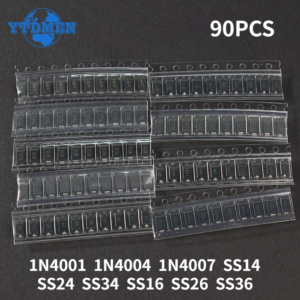 90PCS Diode Kit Rectifier Diode 1N4007 1N4001 1N4004 SS14 SS24 SS34 SS16 SS26 SS36 SMD Schottky Diode Assort