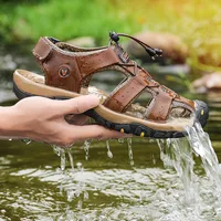 Sandales d'été en cuir de vache pour hommes, chaussures de sentier d'extérieur décontractées, chaussures de plage souples et antidérapantes, grande taille 3