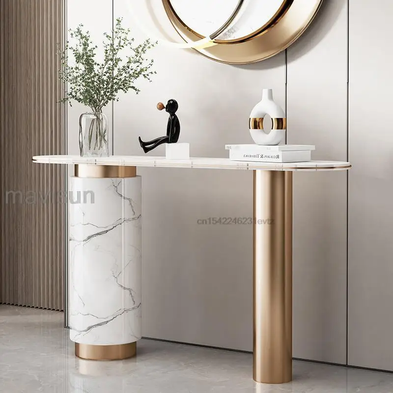 

Italian Style Entryway Modern Desk Round Corner Living Entrance Furniture Large Slab Tabletop Fashion Console Tables Hallway
