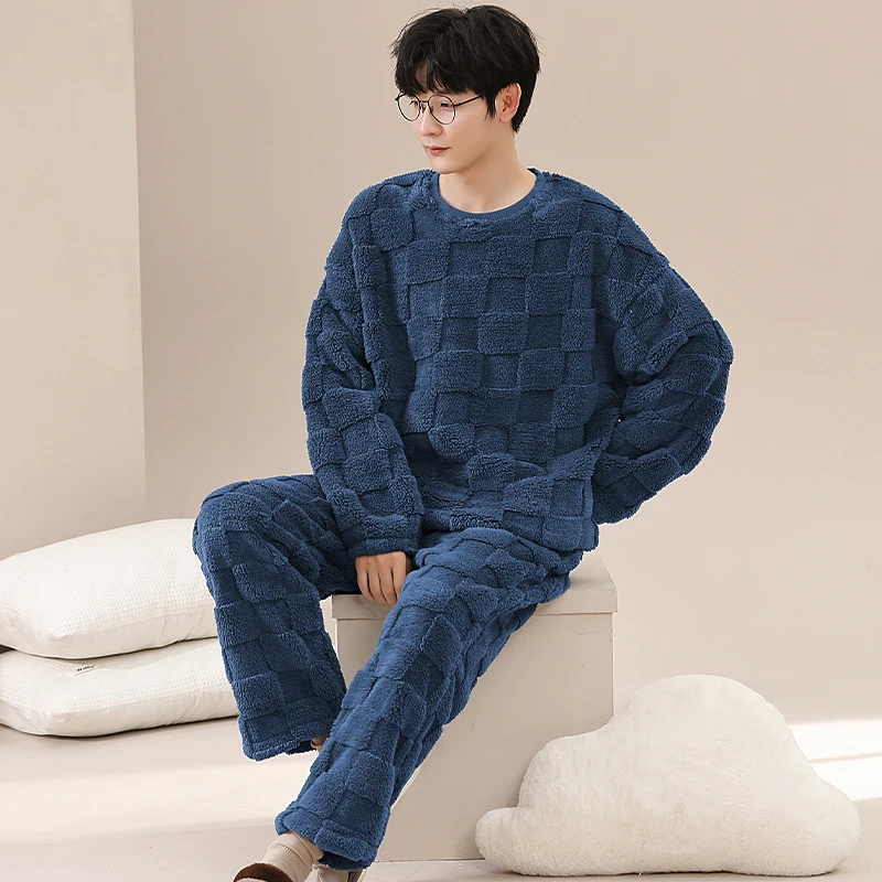2 Pieces Set Winter Warm Homewear For Male Flannel Pajamas Set Young Men Casual Loungewear