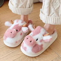 Women's Winter Warm Cartoon Cow Slippers Closed Toe Non Slip Furry House Shoes Women Indoor Bedroom Thick Sole Plush Slippers 1