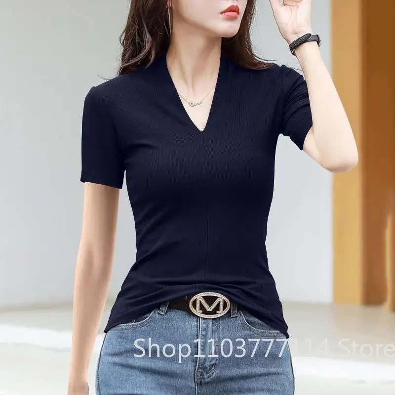 V-Ausschnitt Kurzarm-T-Shirt für Damen, Modisches Slim-Fit Oberteil, Weiches Casual-Top im Streetwear-Stil für Tägliche Sommer-Outfits – Detail 6