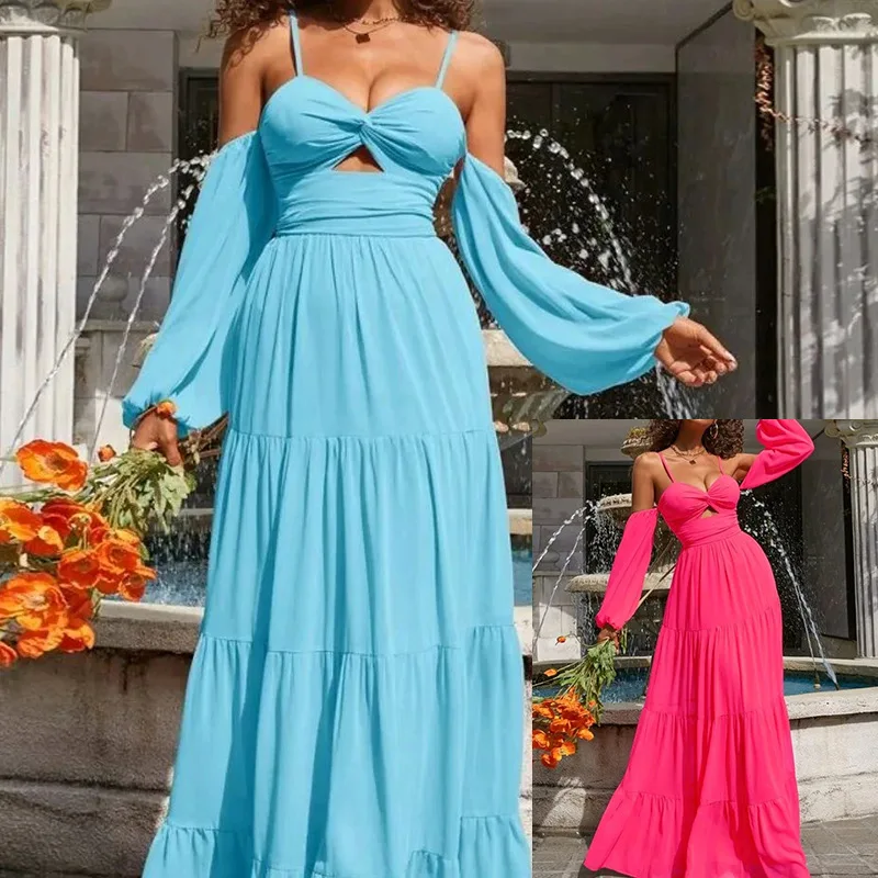 

2023 Spring Women's New Dresses, Women's Fashion Sexy Long-sleeved Solid Color Mid-length Paragraph Halter Dresses