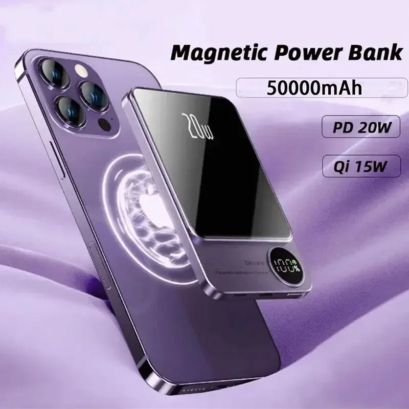 

50000mAh Macsafe Magnetic Power Bank PD20W 15W Wireless Fast Charger External Auxiliary Battery Pack For Magsafe iPhone 15 14 13