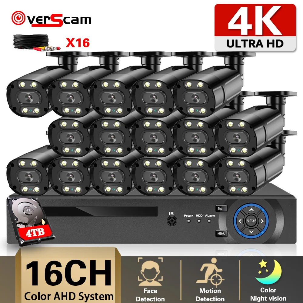 Full Color Night Vision Security Camera Set 16CH 4K Ultra HD CCTV DVR Kit Outdoor 8MP AHD Camera Video Surveillance System Kit