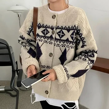Maglioni cardigan Fair Isle da donna Cappotto lavorato a maglia abbottonato a maniche lunghe con stampa geometrica Abito autunno inverno moda coreana vintage 1