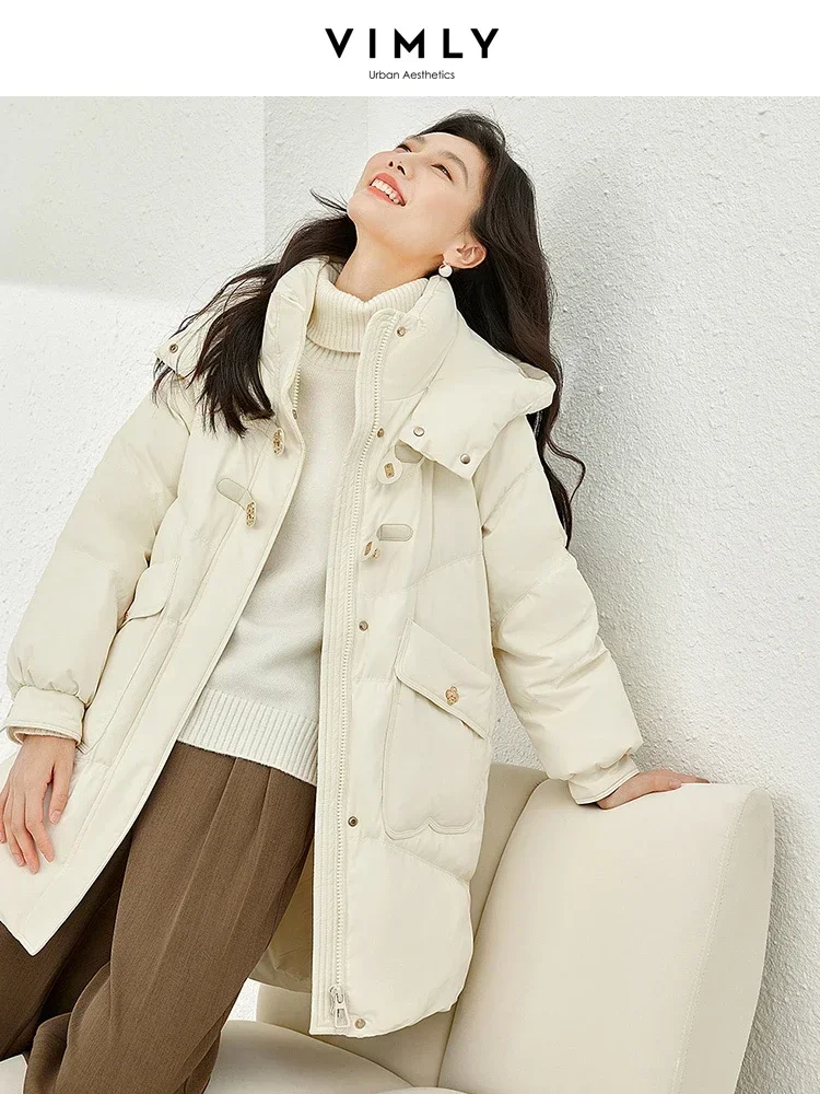 Vimly Women's Long Down Coat Puffer Jackets 2023 Winter Black Hooded Zipper Stand Collar Overcoats Female Warm Outwear 50698