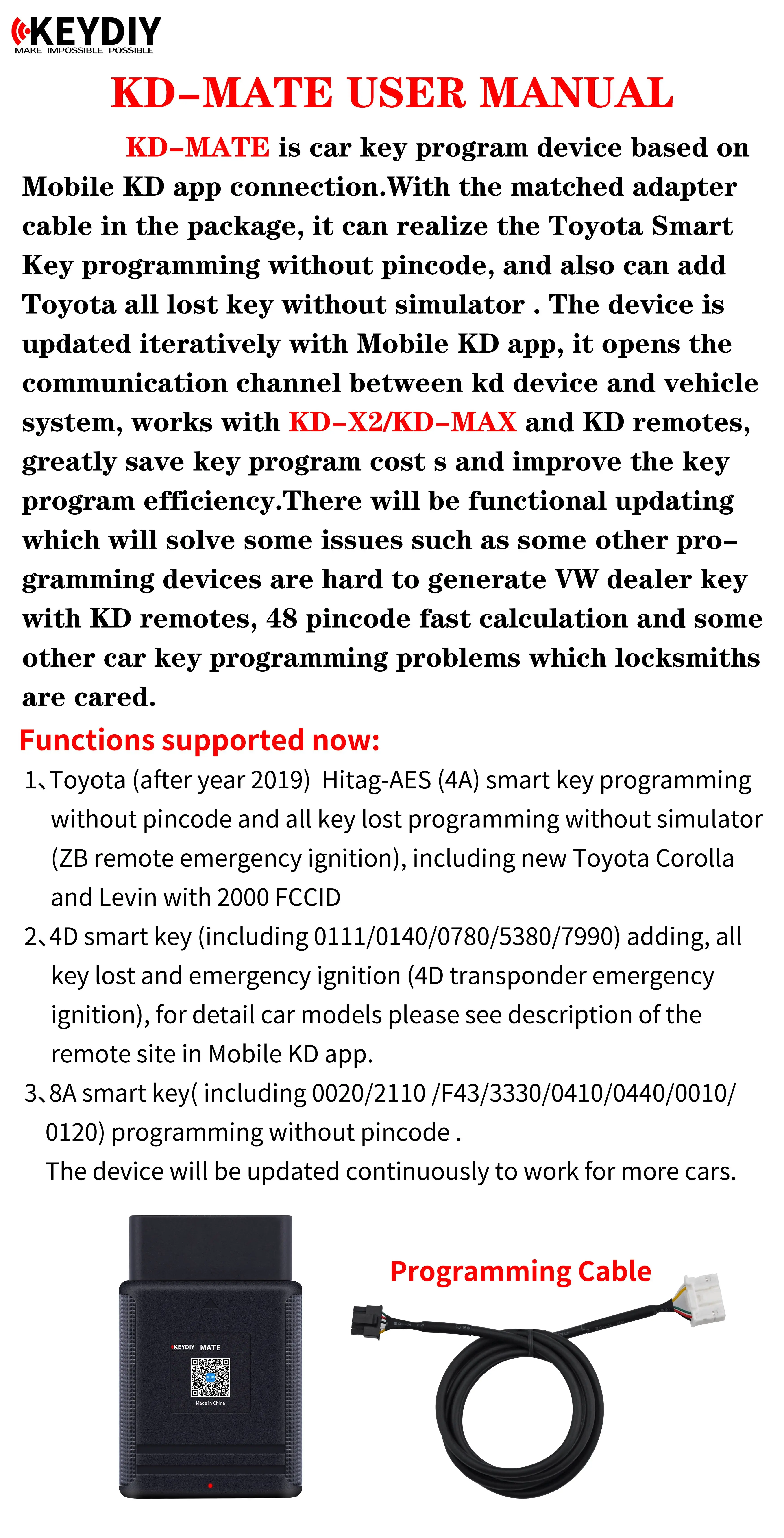 Newest KEYDIY KDMATE KD MATE Connect OBD Programmer for Toyota 4A/4D