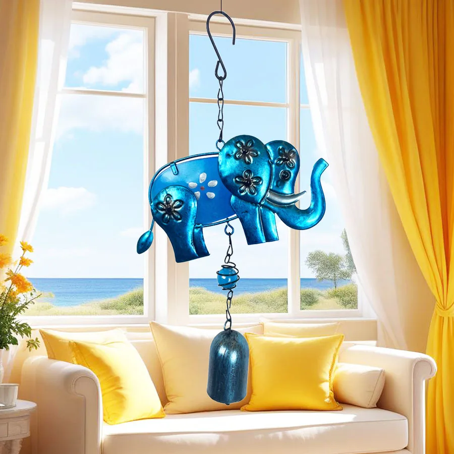 Cute Blue Elephant Bell Wind Chime Gentle Style Indoor Wall Outdoor Courtyard Terrace Porch Hanging Decoration Birthday Valentine's Day Housewarming Gift