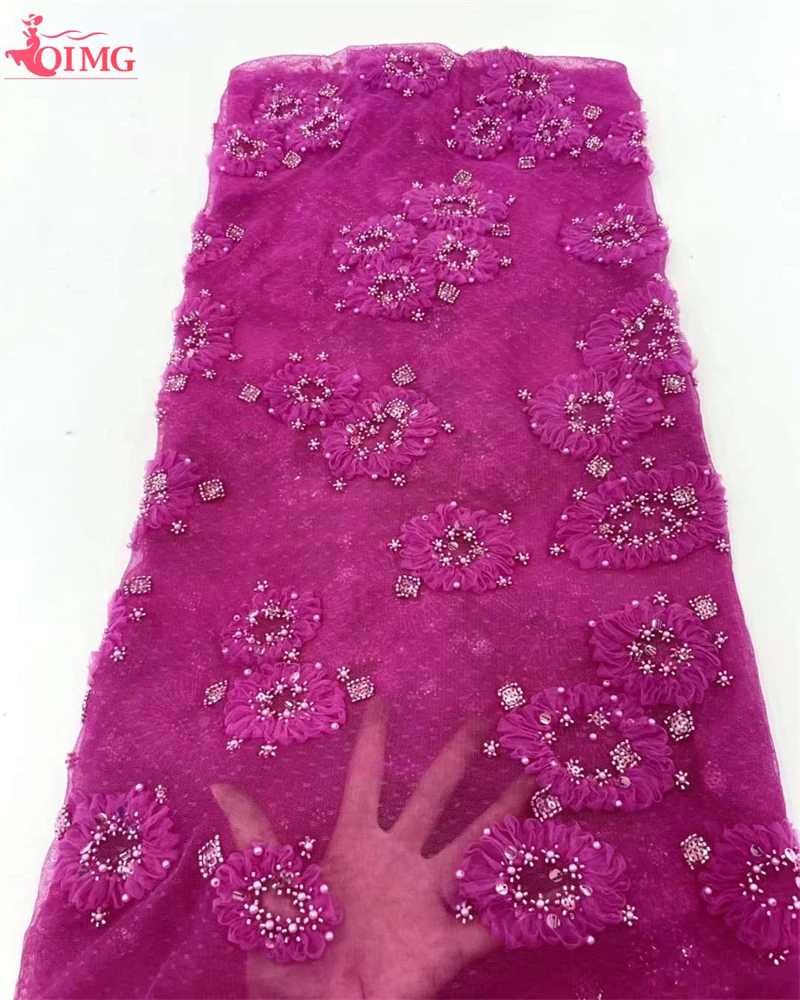 

OIMG Luxury Rose African Lace Fabric 2023 High Quality Beaded Sequins Fabric French Nigerian Sewing Wedding Bridal Fabric 5 Yard