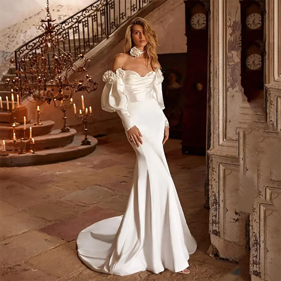 Wunderschöne 3D-Blumen Puffärmel Weiche Satin-Meerjungfrau-Hochzeitskleider 2026 Rückenfrei mit Schleppe Tüll-Brautkleid für Damen – Detail 6