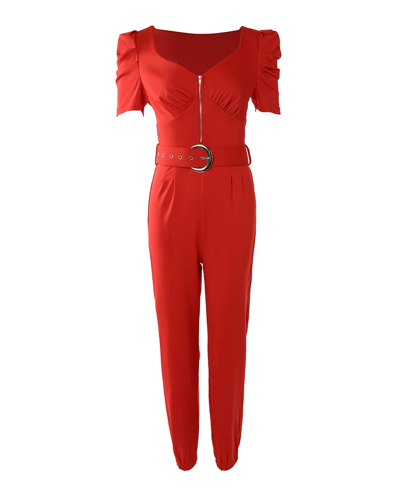 Summer Jumpsuit Women Fashion Zip Front Puff Sleeve with Belt Pencil Pants Office Jumpsuit