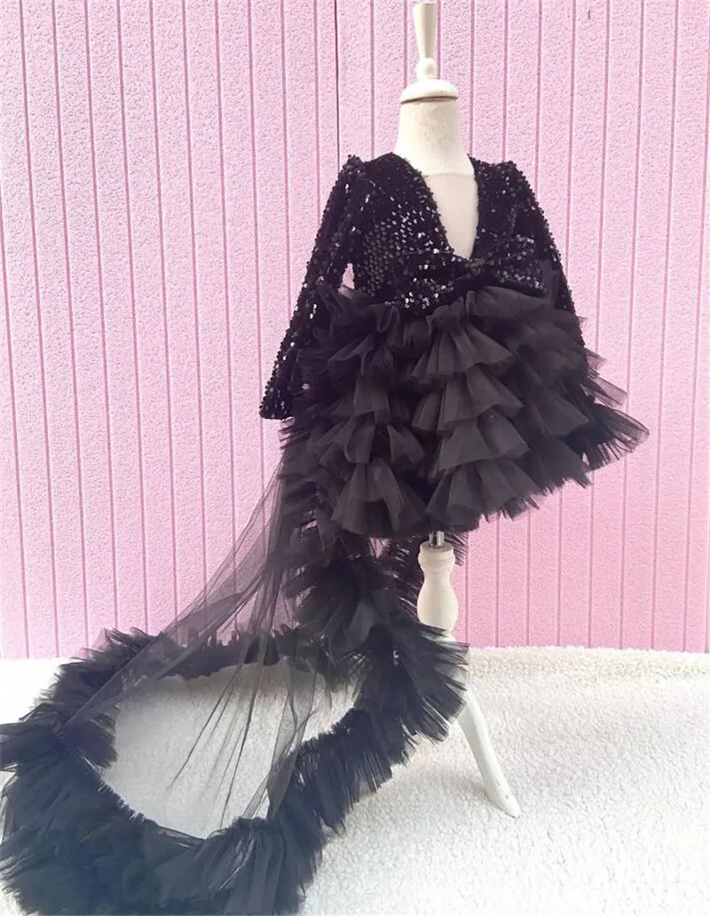 

Black Couture Tutu Gown With Detachable Tail Toddler Long Sleeves Baby Girl Birthday Party Gown Christmas Dress