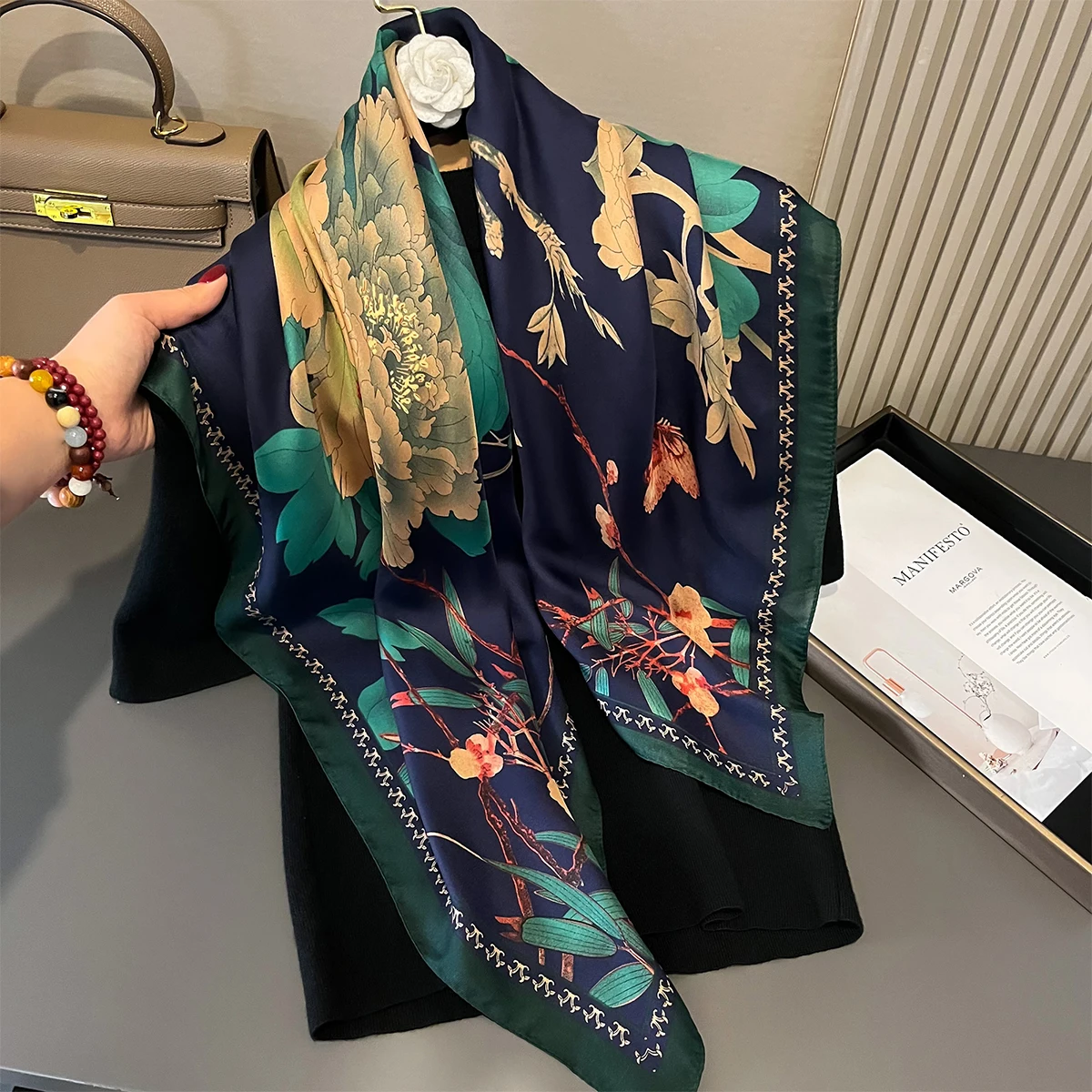 Latest Design Print Head Scarves Women Four Seasons Foulard Satin Square For Ladies Shawls 90*90 Silk Scarf Muslim Hijab