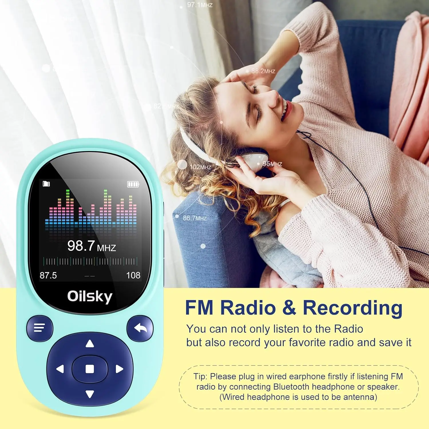 64GB Clip MP3 Player Bluetooth 5.3, Oilsky Children's Music Player with Pedometer Support up to 128GB