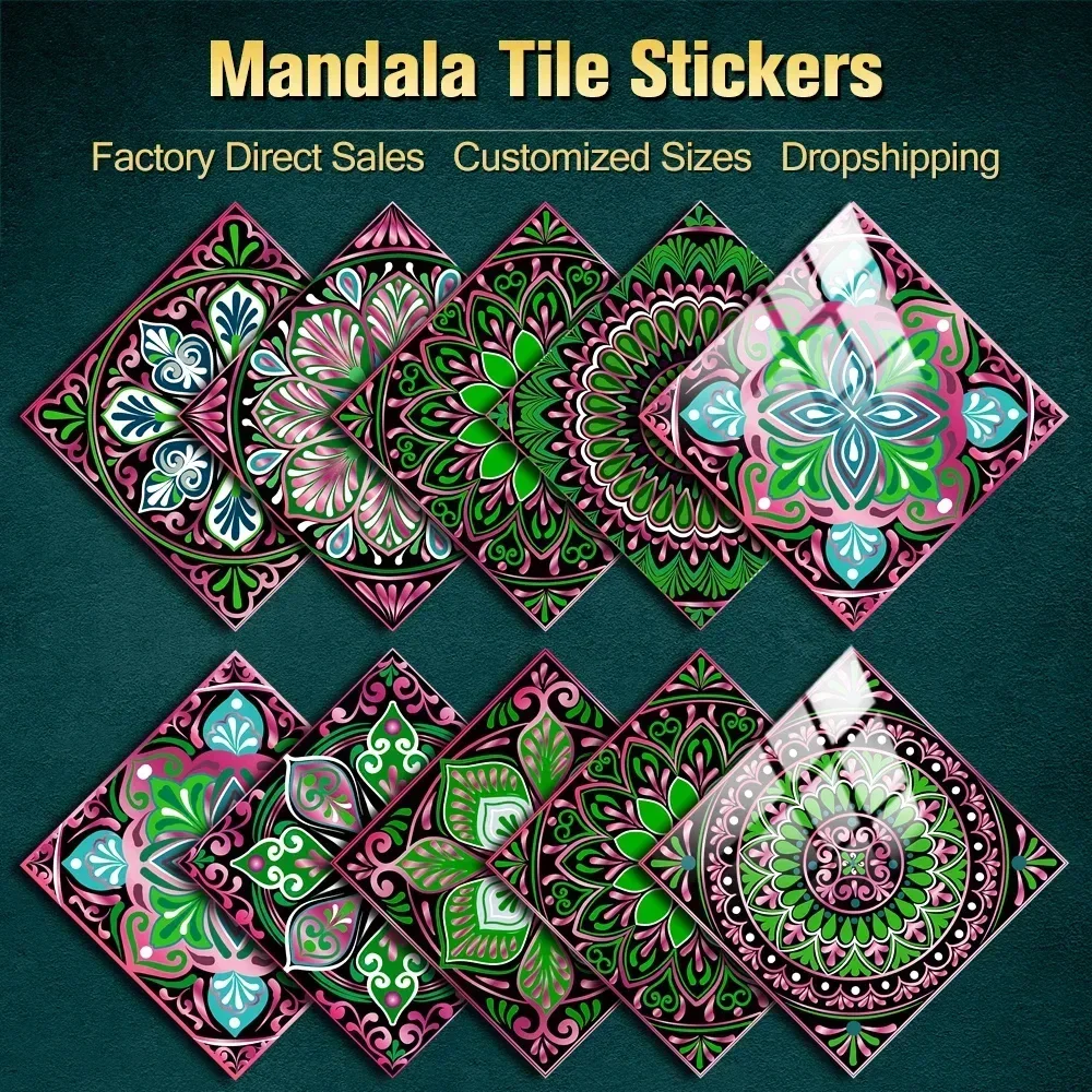10Pcs Retro Mandala Pattern Tiles Wall Stickers Crystal Hard Film Floor Sticker For Fireplace Tv Kitchen Bathroom Tables Floor