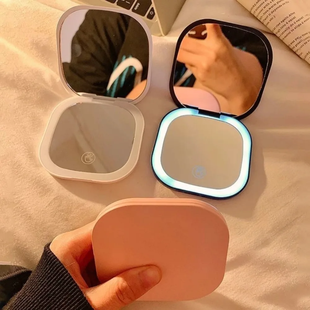 Portable Handheld Makeup Mirror with LED Light Adjustable Color USB Charging Travel Compact Folding Small Mirror for Ladies