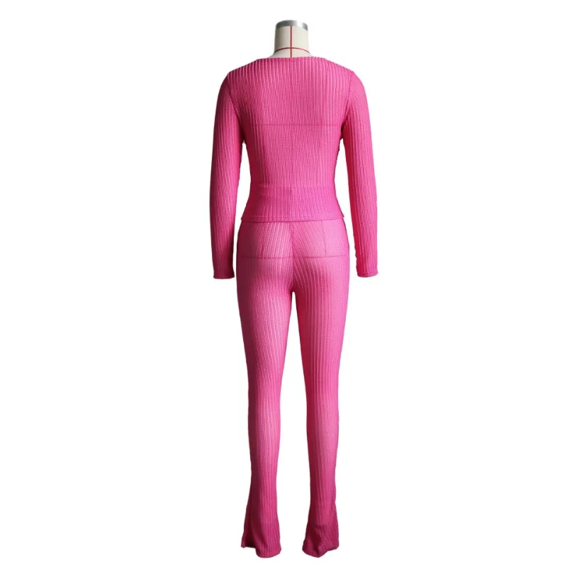 Women Sexy Club Knitted Hollow See Through Slim 2 Piece Set Fashion Crop Top Bodycon Pants Casual Streetwear Spicy Girl Outfits