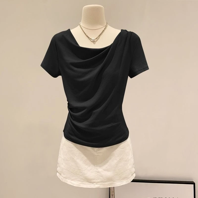 Summer Off Shoulder Top Women Summer Fashion Versatile Base Shirt Plus Size Slim Fit Short-sleeved T-shirt Casual and Sexy Beach 6
