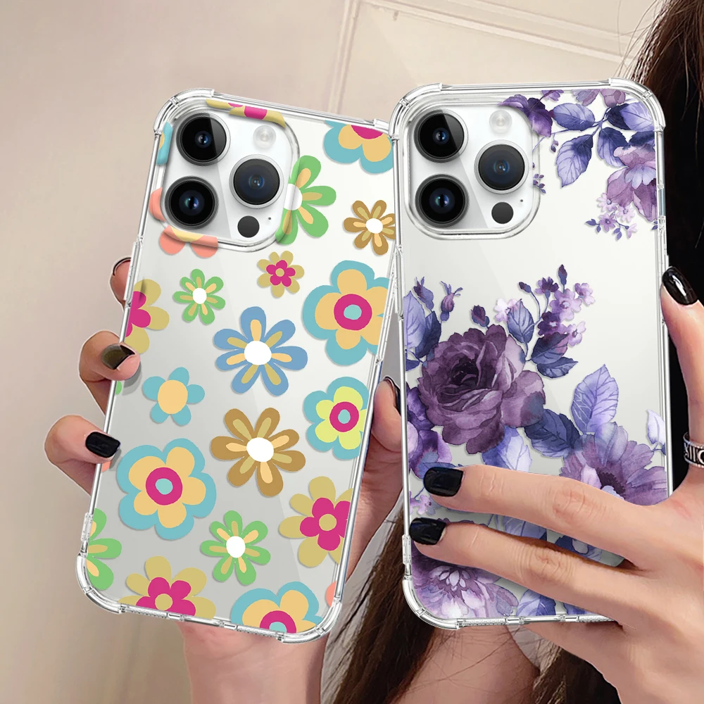 

Phone Case for iPhone 14 13 Pro Max Mini XR XSMax 7 8 Plus SE Soft TPU Shockproof Cover for iPhone 12 11 Clear Flower Fundas