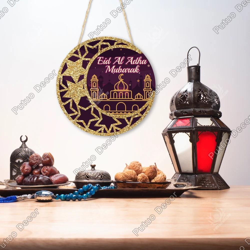 

Putuo Decor 1pc Eid Al Adha Mubarak Round Wooden Hanging Sign Decor, Wall Art Decoration for Home bar, Ramadan Gifts