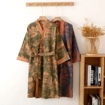 Pigiama da uomo Robes con cintura accappatoio con maniche a tre quarti in cotone stampato per Kimono primaverile ed estivo accappatoio stile lungo 1