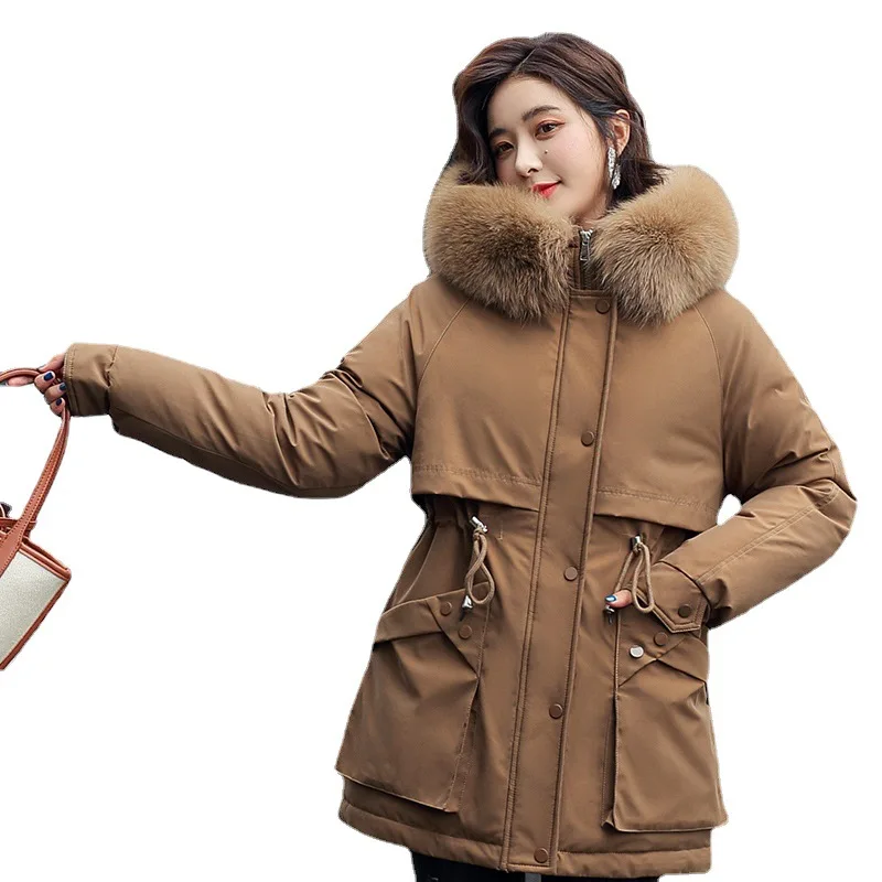 

Fur Collar Hooded Long Parkas 2022 New Winter unremovable Wool Liner Jacket Women Adjustable Waist Padded Coat Snowwear Jackets