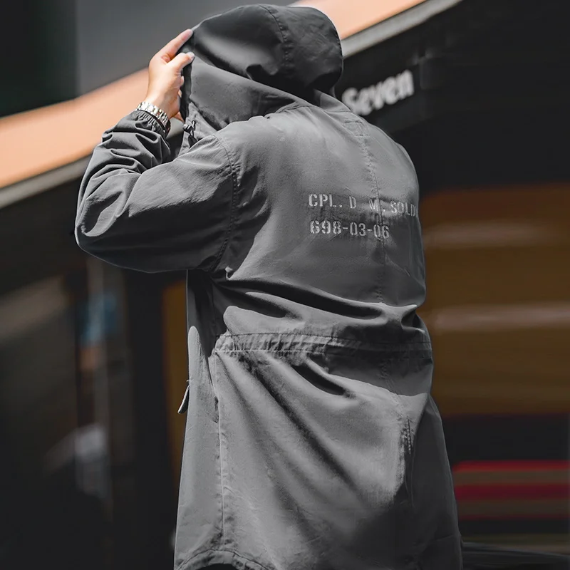 Maden Retro M51 Windbreaker Hooded Parka Fish-tail Hem Print Jacket Long-length Gray Overcoat for Men Spring and Fall Outerwear
