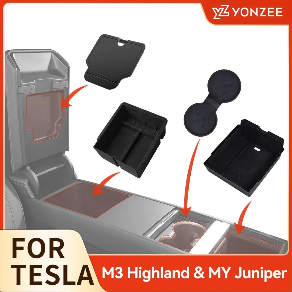 Car console organizer Tesla Model 3 Highland 2025 Model Y -2025 Center Armrest Hidden Storage Box Cup Holder Console Organizer Box Accessories