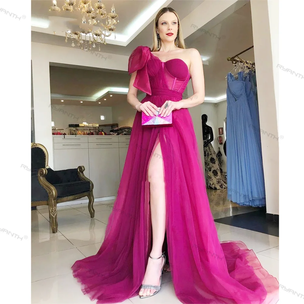

One Shoulder Side Split Evening Dresses for Women A-Line Elegant Party Formal Prom Dress Fuchsia Tulle vestidos de noche 2024