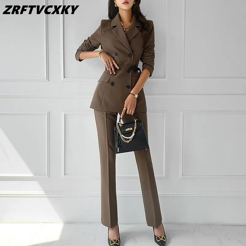 

Korean Autumn Winter 2 Pieces Set Women Slim Jacket Coat + High Waist Simple Pants Casual Simple Office Lady Pants Suit