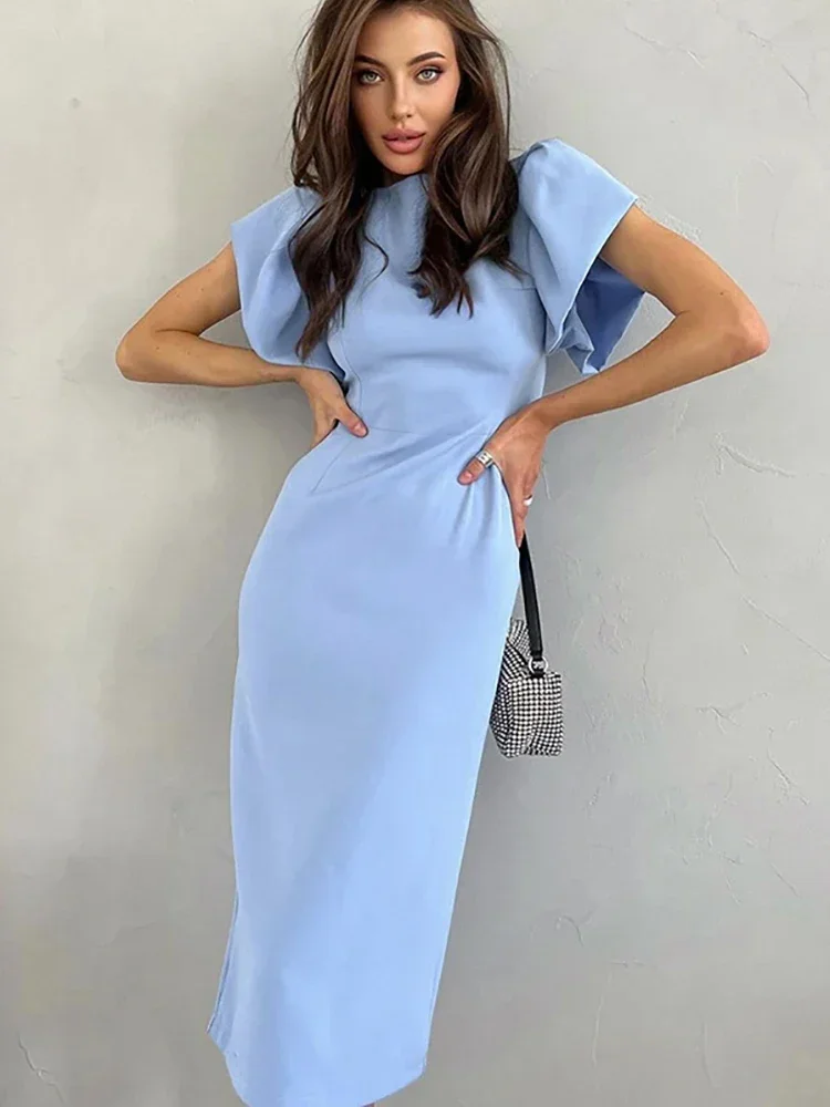 

Summer New Elegant Bodycon Dresses Women Casual Ruffle Sleeve Slit Office Dress Fashion Chic Female Blue Vestidos