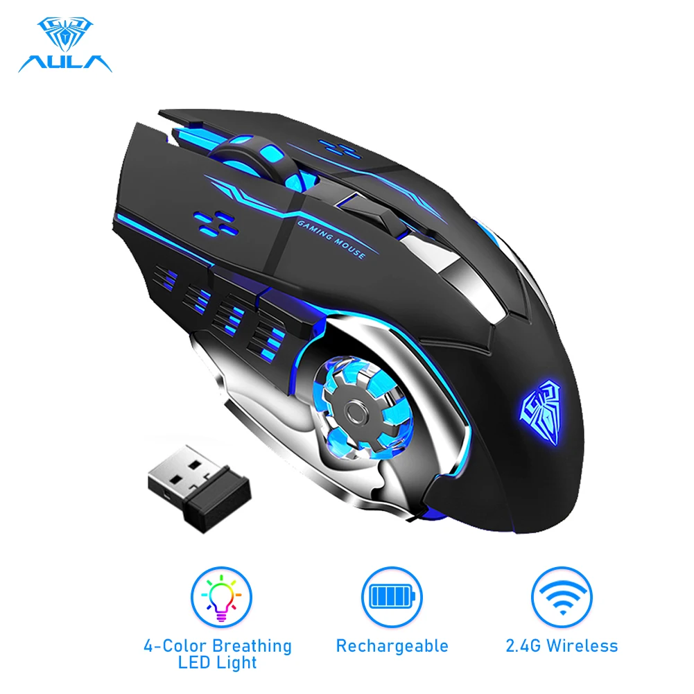 

AULA SC100 Wireless Silent Gaming Mouse Rechargeable 1600 DPI 7 Buttons Ergonomic Optical USB Mute Mouse for PC Laptop Desktop