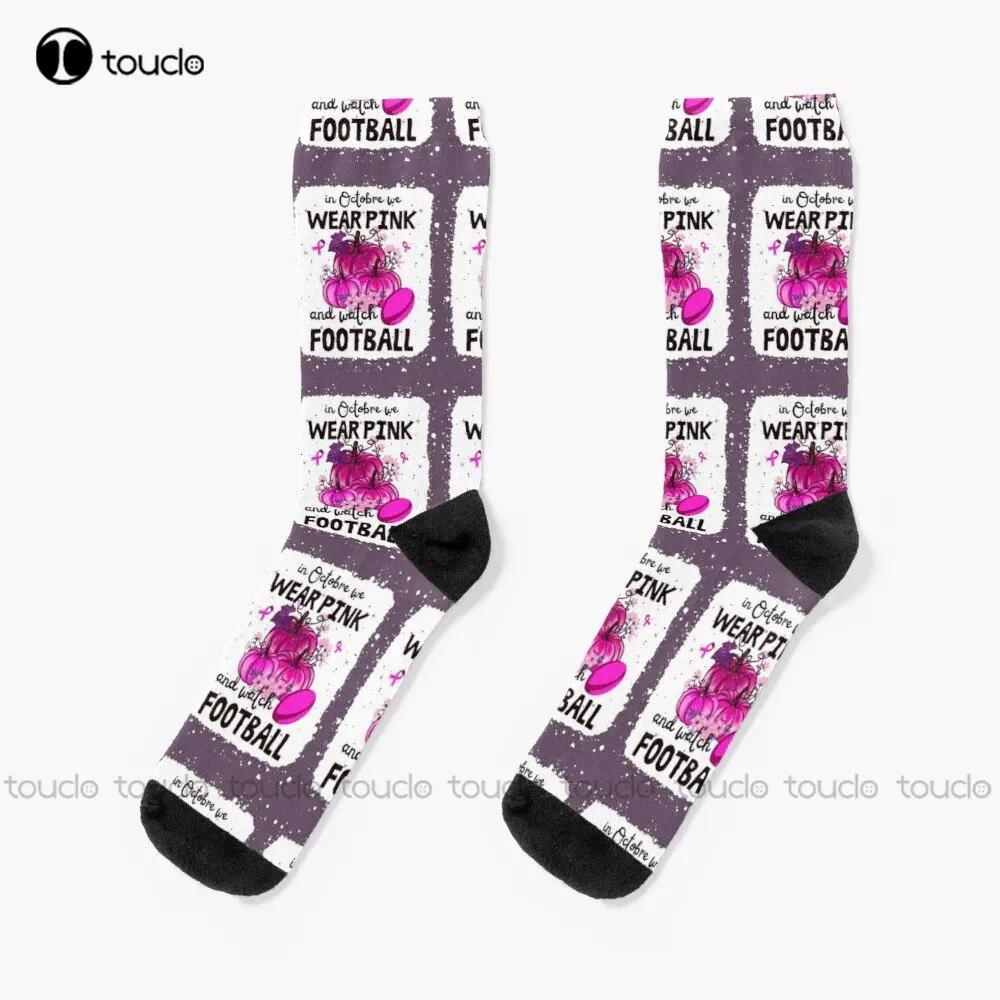 

In October We Wear Pink And Watch Football Funny Halloween Football For Gift Socks Boy Socks Custom Gift Street Skateboard Socks