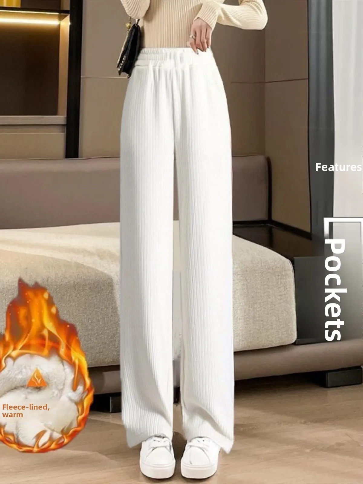 New Women's Corduroy Wide Leg Pants Autumn Winter Warm Outdoor Wear Cotton Fce Lined Sports Loose Straight Casual Sweatpants