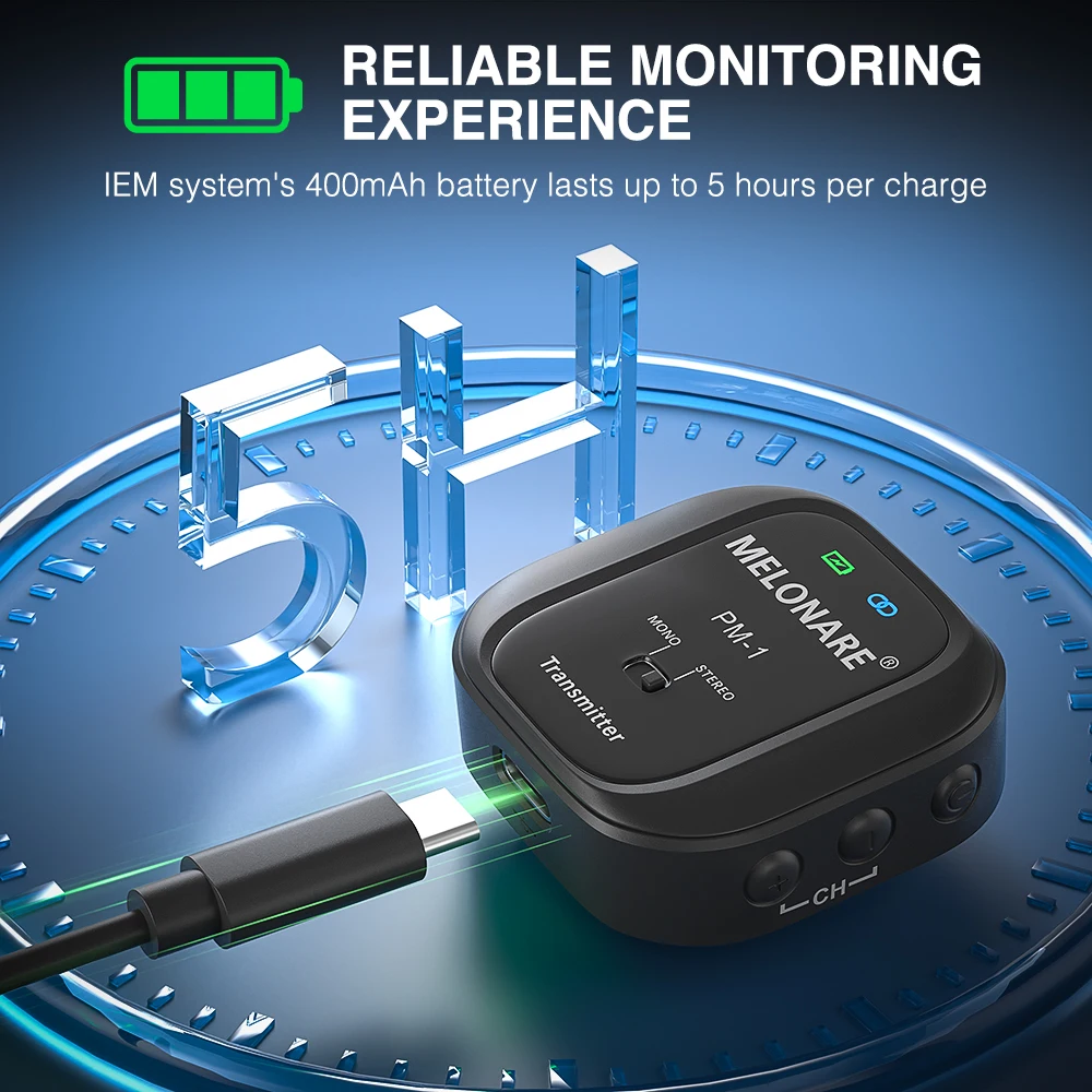 MELONARE PM-1 Wireless In-Ear Monitor System-UHF 500MHz No Delay HD Audio Beltpack Transmitter & Receiver 10 Channels Mon wireless in ear monitor