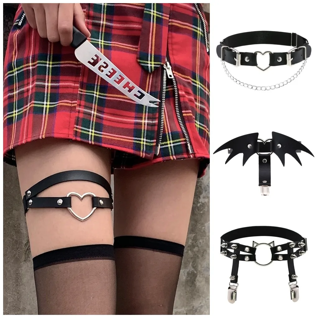 

New women Sexy Punk Garter Belt Rivets Leg Ring Thigh Harness Heart Black PU Leather Vintage Suspenders Girls Body Jewelry