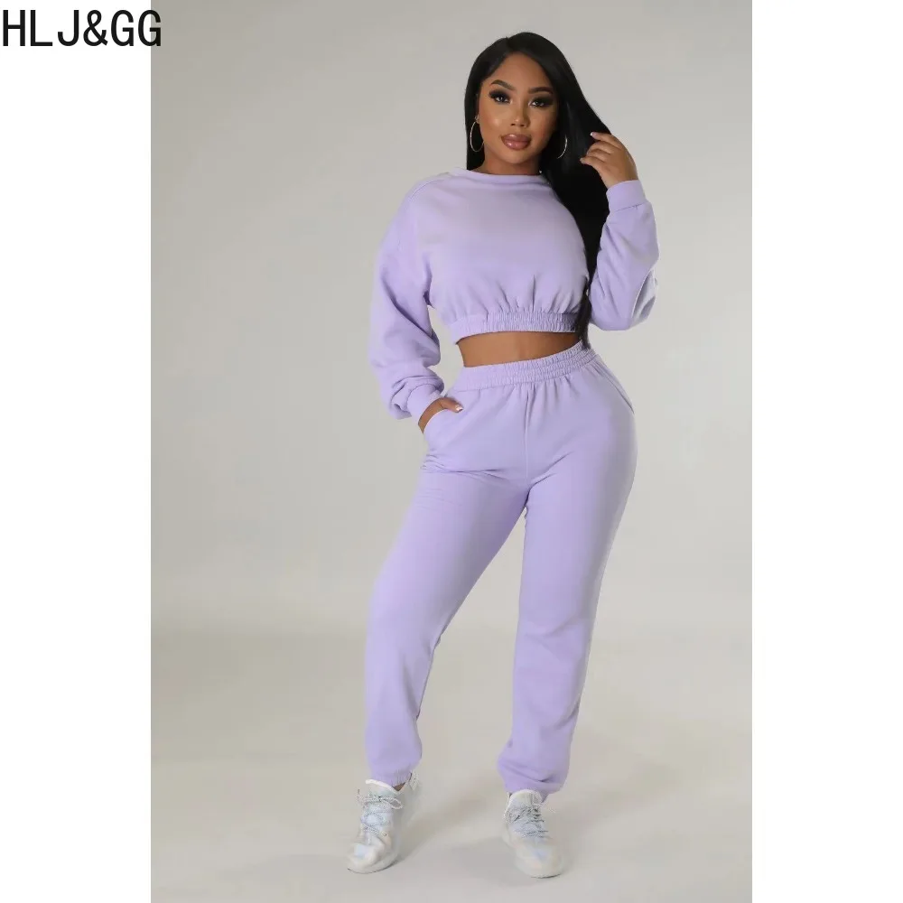 HLJ&GG Fall Winter Solid Color Jogger Pants Sets Women Round Neck Long Sleeve Crop Top+Pants Two Piece Tracksuits Female Outfits