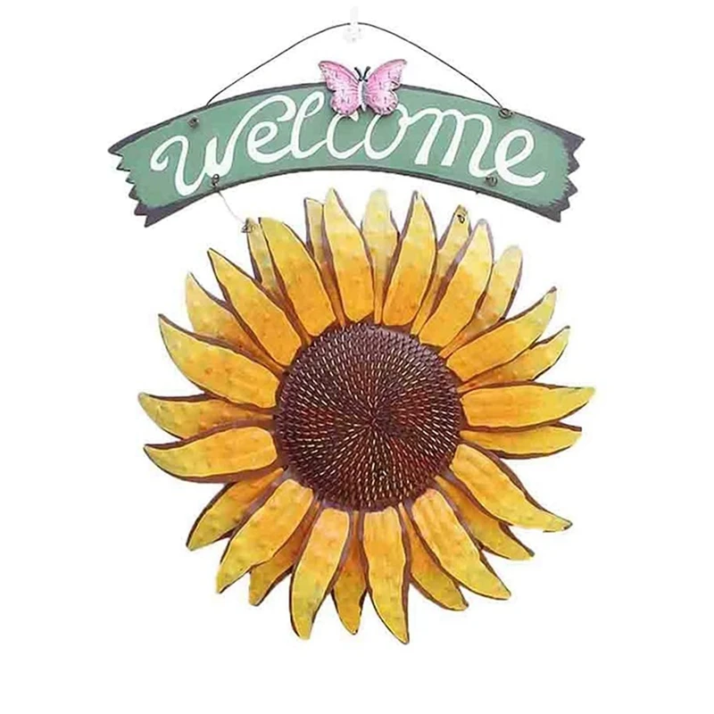 

2X Garden Welcome Signs Metal Hanging Decorative Sunflower Outside Hand-Painted Welcome Plaque For Front Door