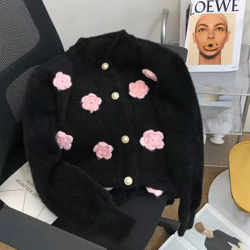 Woman Flowers Knitted Cardigan Female Mink Cashmere Loose Jacket 2025 Autumn Winter Woman Elegant O-neck Knitwear Coat Sweater - Image 2