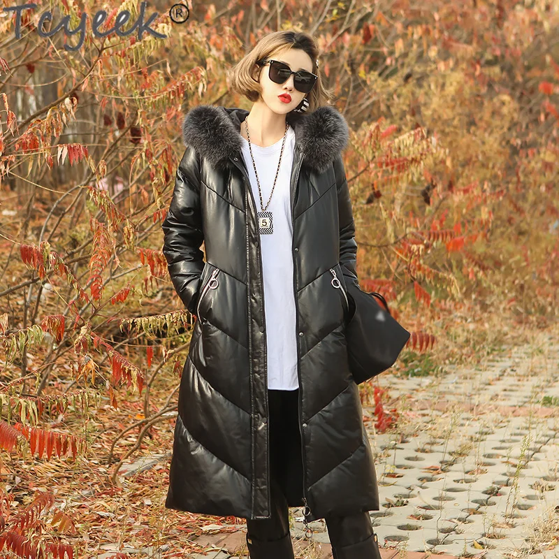 

Sheepskin Genuine Leather Jacket Women Winter 2023 Hooded Warm Fox Fur Collar White Duck Down Coat Manteau Femme Gxy1203