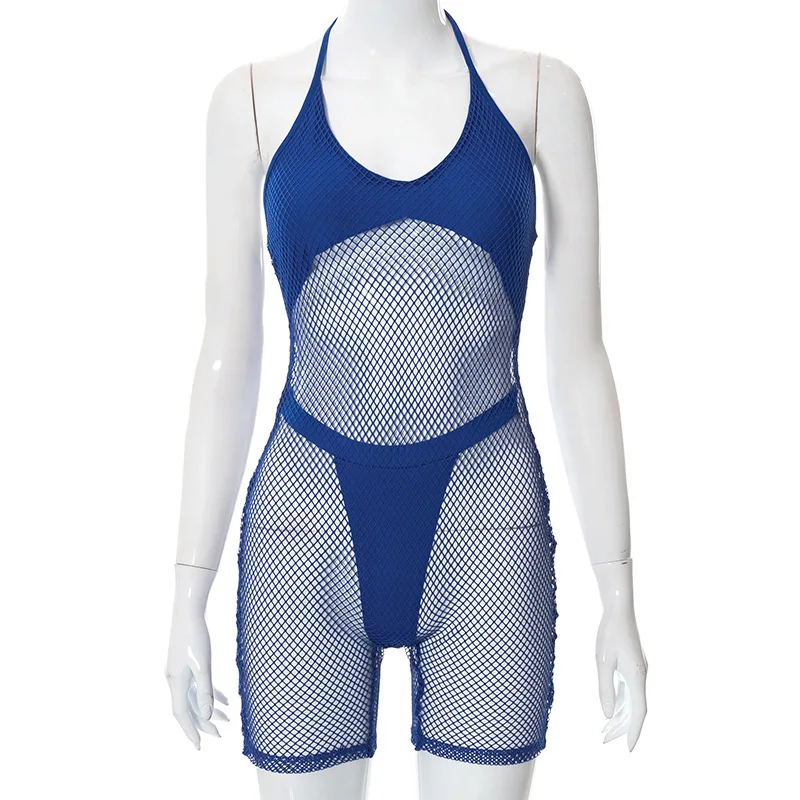 BKLD Spring New Playsuits Shorts Solid Color Halter Lace-Up Sexy V-Neck Hollow Out Mesh Rompers Womens Jumpsuit With Panties