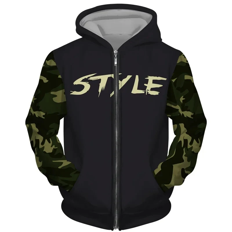 Camouflage Hoodie Casual Camouflage Pattern Zip Up Hoodies Fashion Simple 3D Alphabets Printed Sweatshirt Autumn Loose Streetwear Sports Pullovers