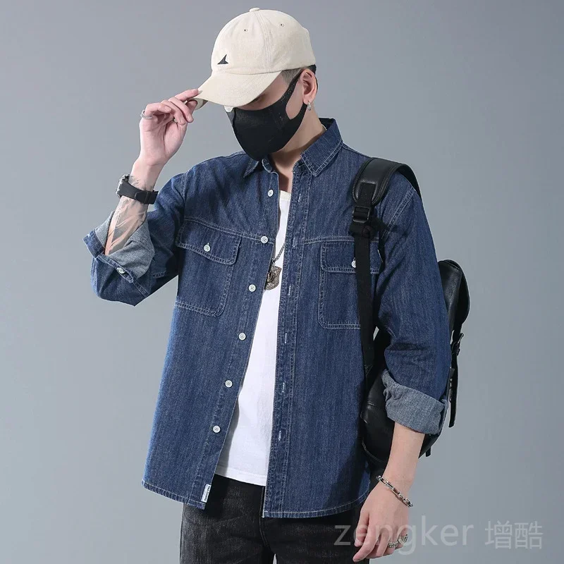 Spring models long-sleeved denim shirt Men's Japanese retro washed tide jacket fat large size loose work shirt 7XL 6XL