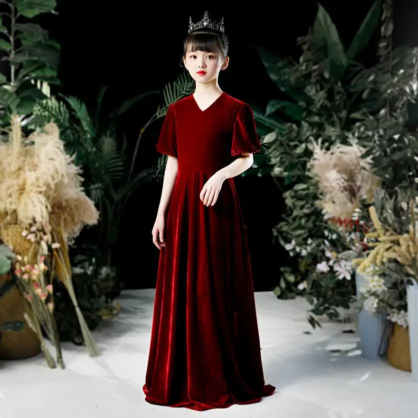 

2020 New Elegant Girls Princess Dress Flower Girl Birthday party Catwalk Gowns Wine red Kids Piano Costume Dress For girls Y2837