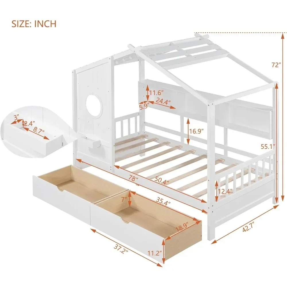 Twin House Bed with Storage Drawers & Bookcase, Montessori Twin Platform Bed Frame with Rails & Roof for Kids Teens Girls Boys 2